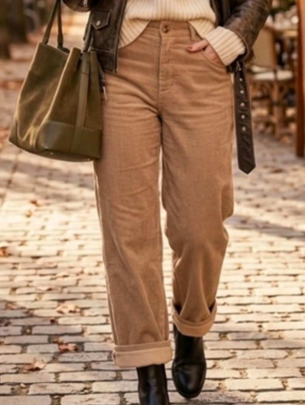 Fleece Lined Corduroy Pants High Waist Wide Leg Tan M Dazy Camel Academia Preppy - Picture 10 of 10